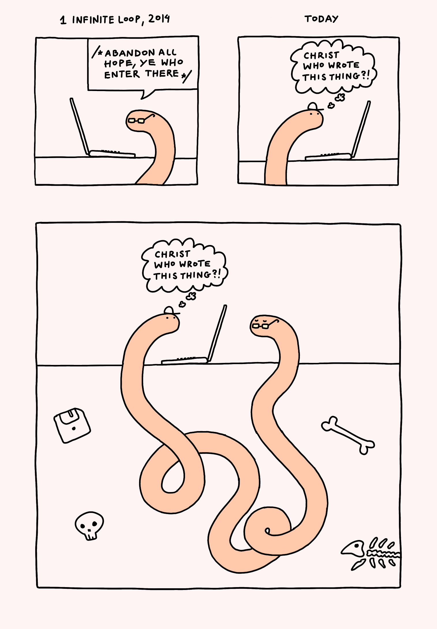 A comic strip describing two worms or snake complaining about each otherâ€™s work, while being in fact a single, two-headed snake