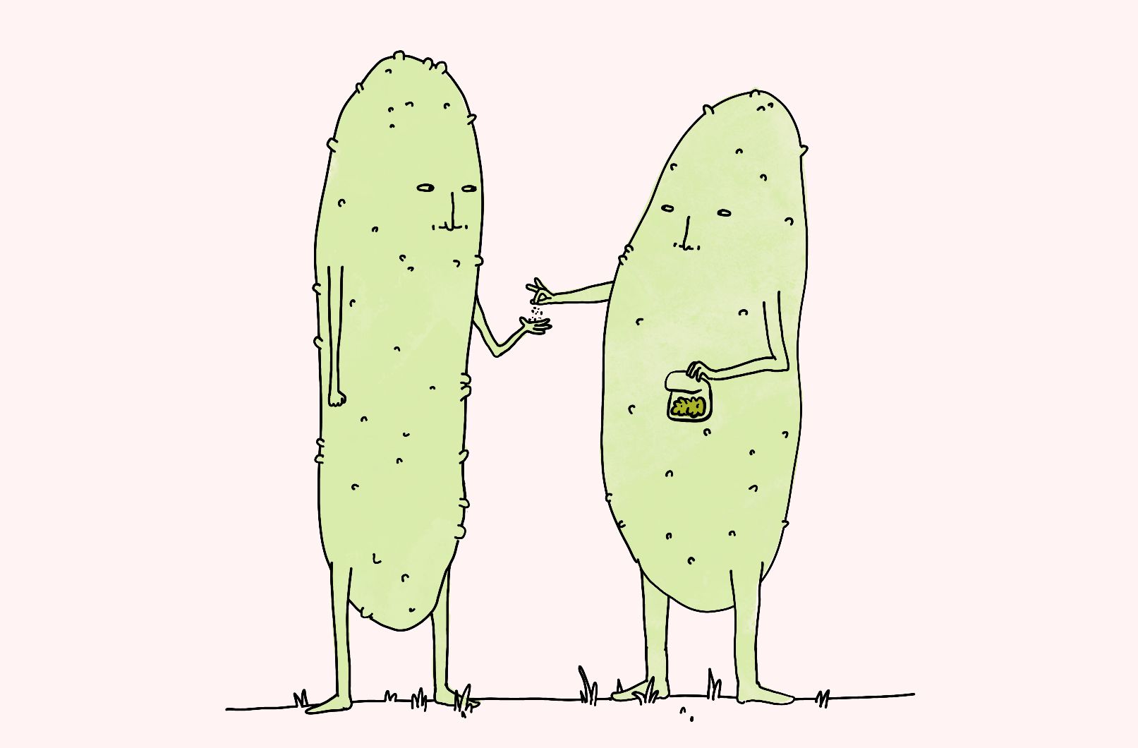 Two consenting pickles sharing a bag of dill