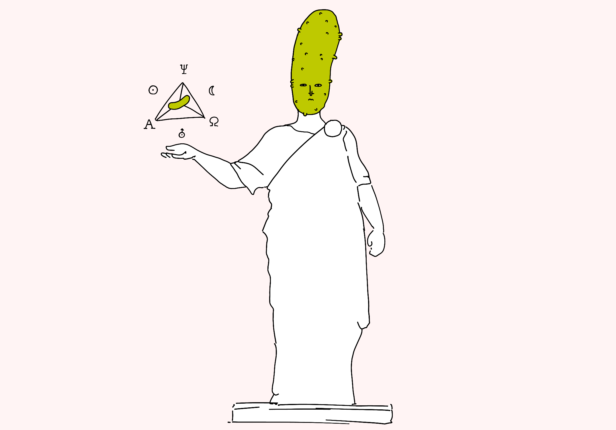 Greek philosopher, with a pickle for his head, holding a pickle-themed artefact in his hand