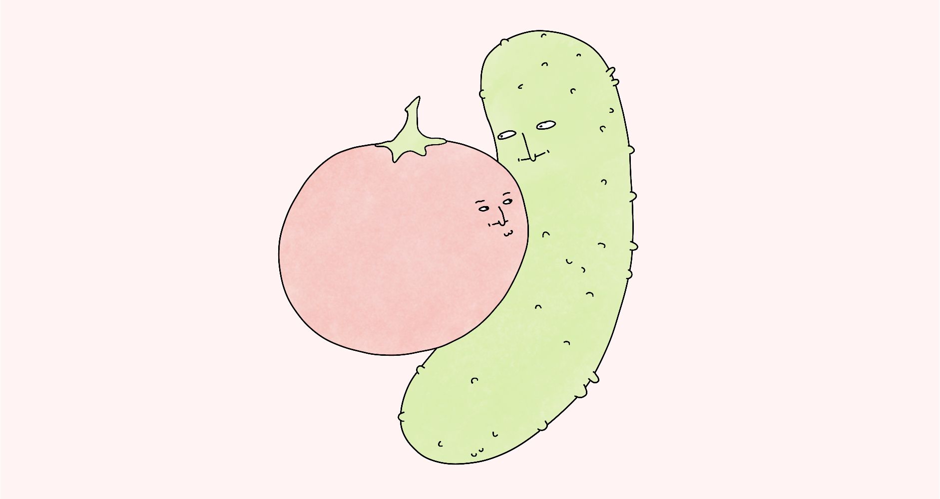 A pickle and a tomato in a warm embrace