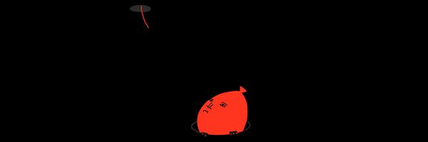 A red ballon with a face peeking out of a hole in the ground, looking up longingly towards a little black hole in the ceiling. It looks as if another balloon just escaped through that hole, since we can still see a little thread in it. Perhaps it's the same baloon, looking at himself from the past.